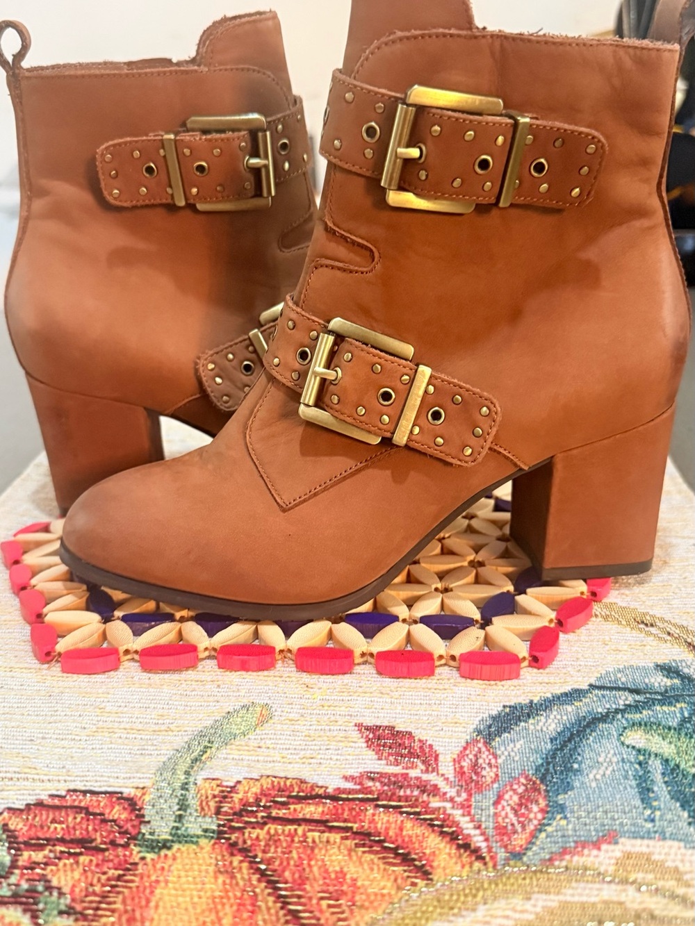 Blondo Tan Buckle Block Heel Ankle Boots